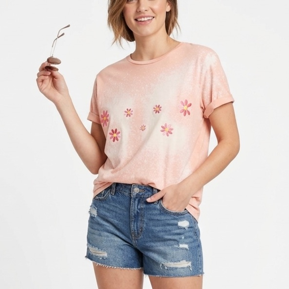 A025 Custom Upcycled A New Day Bleach Dyed Floral Patch Tee Pink Boho Size S/M